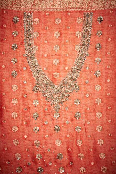 Shop RI.Ritu Kumar Coral Silk Satin Embroidered Saree With Unstitched Blouse Online at Aza Fashions Shop_RI.Ritu Kumar_Coral Silk Satin Embroidered Saree With Unstitched Blouse _Online_at_Aza_Fashions