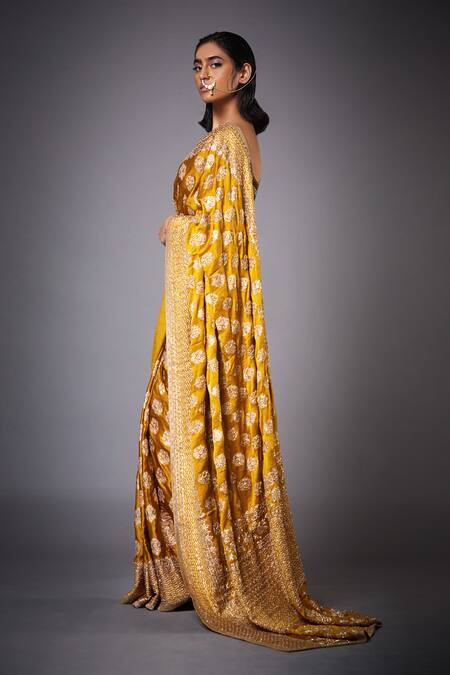 RI.Ritu Kumar Yellow Satin Embroidered Saree With Unstitched Blouse Online at Aza Fashions RI.Ritu Kumar_Yellow Satin Embroidered Saree With Unstitched Blouse _Online_at_Aza_Fashions