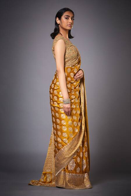Buy RI.Ritu Kumar Yellow Satin Embroidered Saree With Unstitched Blouse Online at Aza Fashions Buy_RI.Ritu Kumar_Yellow Satin Embroidered Saree With Unstitched Blouse _Online_at_Aza_Fashions