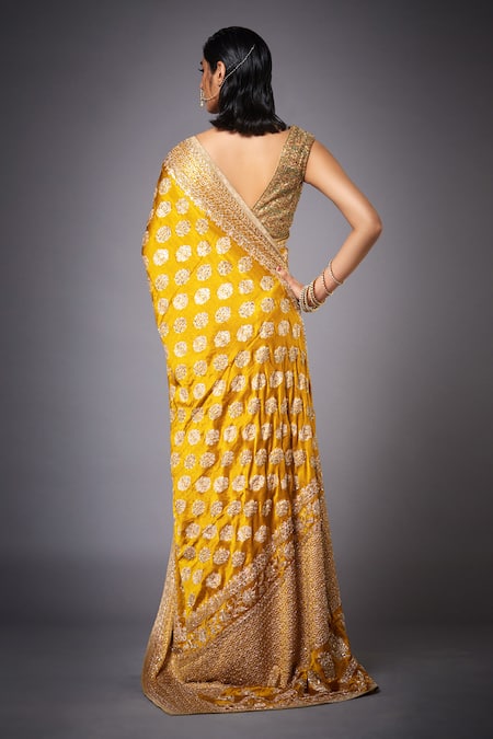 Shop RI.Ritu Kumar Yellow Satin Embroidered Saree With Unstitched Blouse at Aza Fashions Shop_RI.Ritu Kumar_Yellow Satin Embroidered Saree With Unstitched Blouse _at_Aza_Fashions