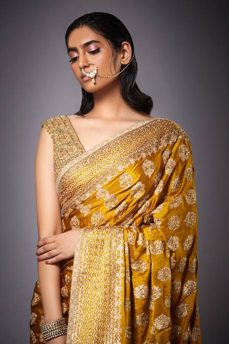 Shop RI.Ritu Kumar Yellow Satin Embroidered Saree With Unstitched Blouse Online at Aza Fashions Shop_RI.Ritu Kumar_Yellow Satin Embroidered Saree With Unstitched Blouse _Online_at_Aza_Fashions