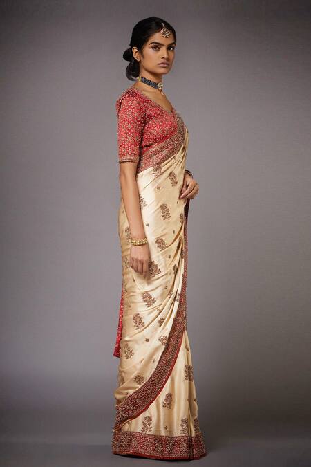 RI.Ritu Kumar_White Silk Lining Viscose Embroidered Saree_Online_at_Aza_Fashions