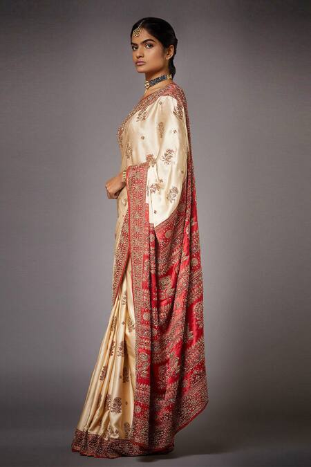 Shop_RI.Ritu Kumar_White Silk Lining Viscose Embroidered Saree_Online_at_Aza_Fashions