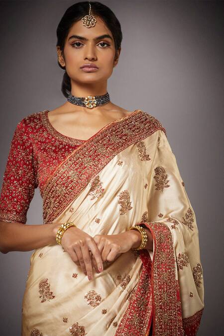 RI.Ritu Kumar_White Silk Lining Viscose Embroidered Saree_at_Aza_Fashions