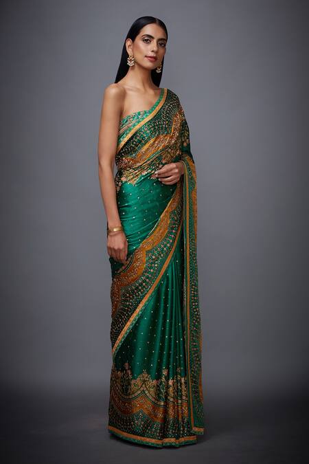RI.Ritu Kumar_Green Satin Embroidered Saree_Online_at_Aza_Fashions