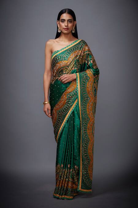 Buy_RI.Ritu Kumar_Green Satin Embroidered Saree_Online_at_Aza_Fashions