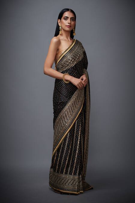 RI.Ritu Kumar_Black Silk Satin Embroidered Saree _Online_at_Aza_Fashions