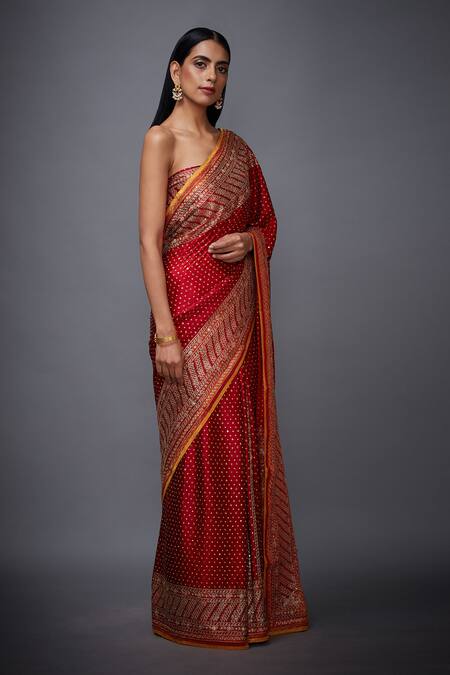 RI.Ritu Kumar_Red Silk Satin Embroidered Saree_Online_at_Aza_Fashions