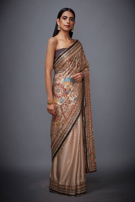 RI.Ritu Kumar_Beige Silk Satin Floral Saree_Online_at_Aza_Fashions