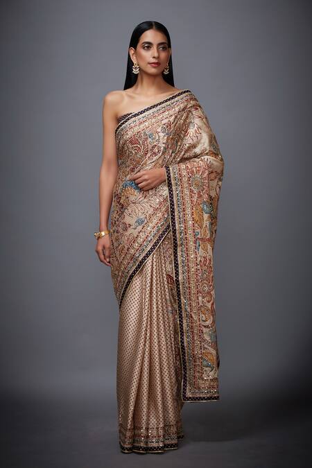 Buy_RI.Ritu Kumar_Beige Silk Satin Floral Saree_Online_at_Aza_Fashions