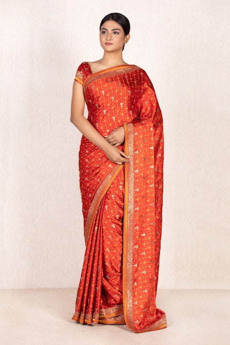 RI.Ritu Kumar Red Silk Satin Printed Saree 