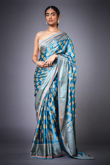 Buy Blue Printed Saree In Satin With Unstitched Blouse Piece