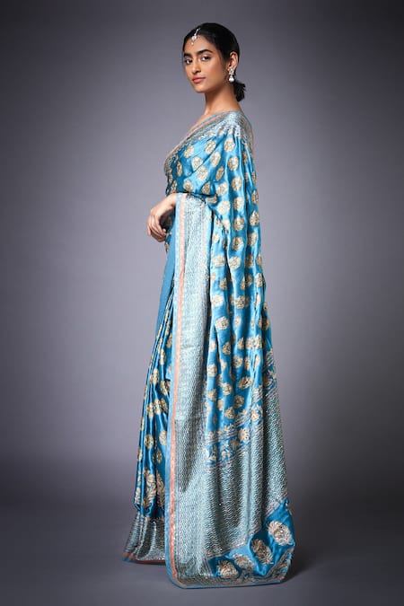 RI.Ritu Kumar Blue Satin Printed Jasmine Saree With Unstitched Blouse Piece Online at Aza Fashions RI.Ritu Kumar_Blue Satin Printed Jasmine Saree With Unstitched Blouse Piece _Online_at_Aza_Fashions