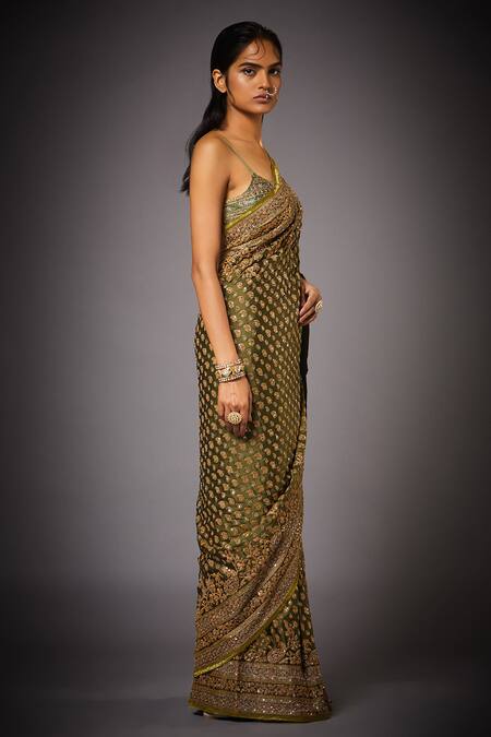 RI.Ritu Kumar Green Satin Embroidered Saree With Unstitched Blouse Online at Aza Fashions RI.Ritu Kumar_Green Satin Embroidered Saree With Unstitched Blouse _Online_at_Aza_Fashions