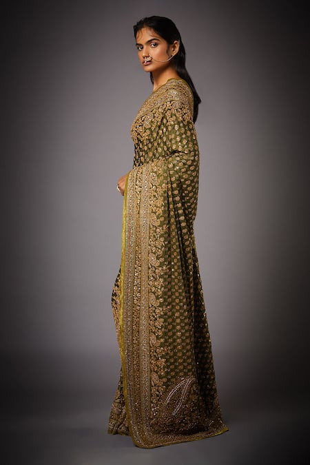 Buy RI.Ritu Kumar Green Satin Embroidered Saree With Unstitched Blouse Online at Aza Fashions Buy_RI.Ritu Kumar_Green Satin Embroidered Saree With Unstitched Blouse _Online_at_Aza_Fashions