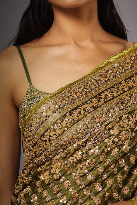 Shop RI.Ritu Kumar Green Satin Embroidered Saree With Unstitched Blouse Online at Aza Fashions Shop_RI.Ritu Kumar_Green Satin Embroidered Saree With Unstitched Blouse _Online_at_Aza_Fashions