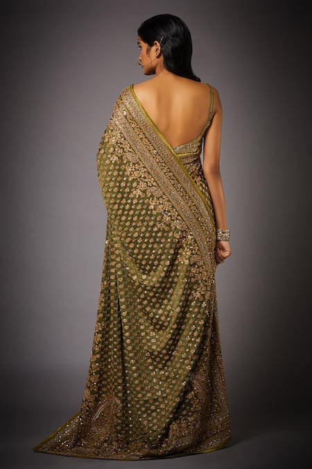 Shop RI.Ritu Kumar Green Satin Embroidered Saree With Unstitched Blouse at Aza Fashions Shop_RI.Ritu Kumar_Green Satin Embroidered Saree With Unstitched Blouse _at_Aza_Fashions