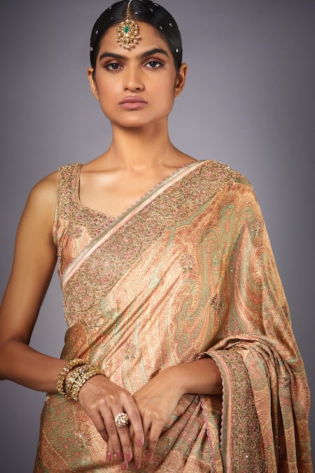 Shop_RI.Ritu Kumar_Pink Silk Lining Viscose Printed Saree _Online_at_Aza_Fashions