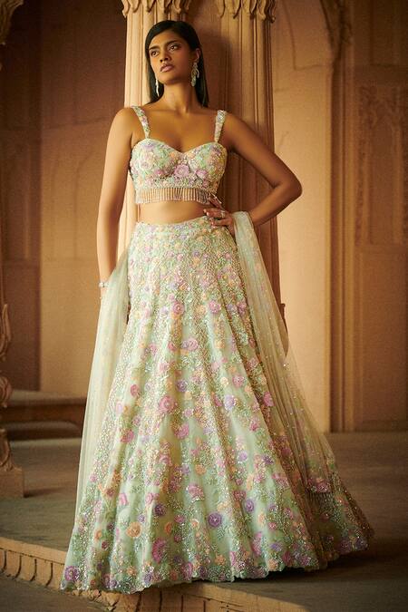 Shop Seema Gujral Green Net Sweetheart Neck Embroidered Lehenga Set at Aza Fashions Shop_Seema Gujral_Green Net Sweetheart Neck Embroidered Lehenga Set_at_Aza_Fashions