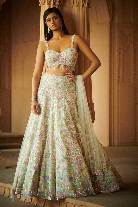 Seema Gujral Green Net Sweetheart Neck Embroidered Lehenga Set Online at Aza Fashions Seema Gujral_Green Net Sweetheart Neck Embroidered Lehenga Set_Online_at_Aza_Fashions