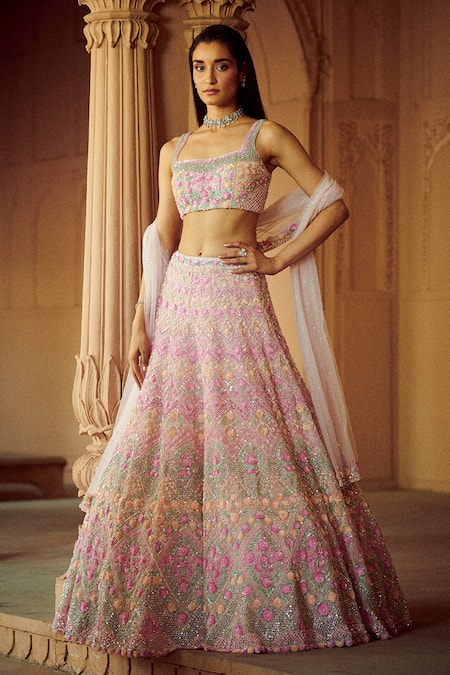 Seema Gujral Pink Net Square Neck Embroidered Lehenga Set 