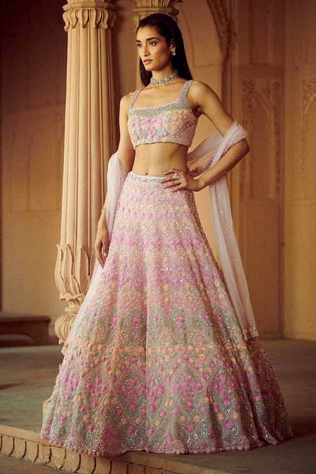 Shop_Seema Gujral_Pink Net Square Neck Embroidered Lehenga Set_at_Aza_Fashions