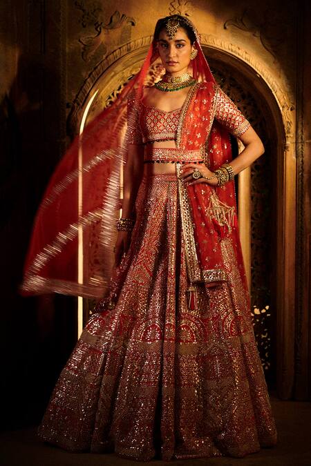 Buy_Seema Gujral_Red Organza V Neck Embroidered Bridal Lehenga Set_Online_at_Aza_Fashions