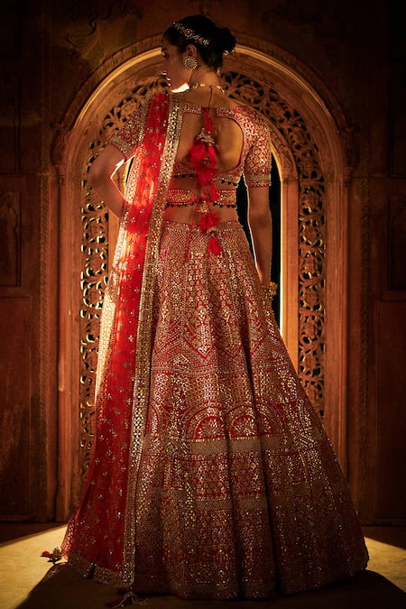 Shop_Seema Gujral_Red Organza V Neck Embroidered Bridal Lehenga Set_at_Aza_Fashions