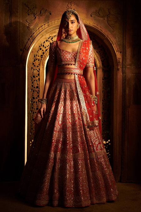 Seema Gujral Red Organza V Neck Embroidered Bridal Lehenga Set 