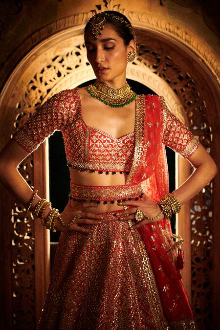 Shop_Seema Gujral_Red Organza V Neck Embroidered Bridal Lehenga Set_Online_at_Aza_Fashions