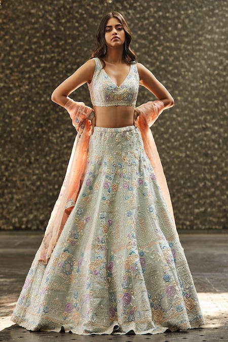 Buy Pink Net Hand Embroidery Pearls V Neck And Stone Bridal Lehenga Set For  Women by mehar Online at Aza Fashions.