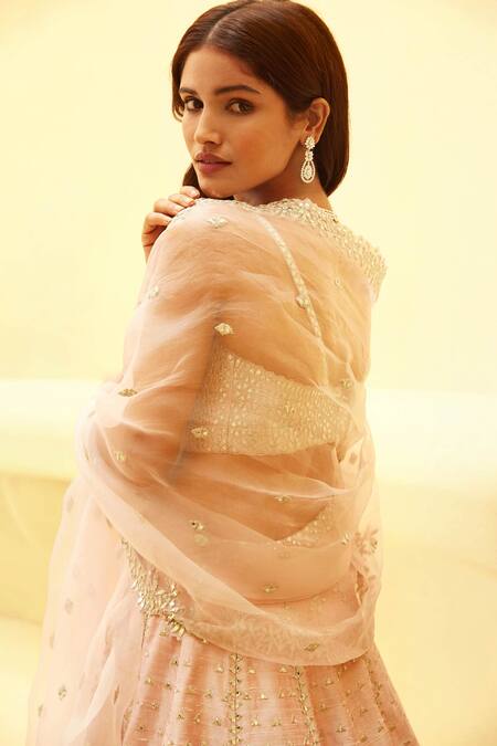Shop Seema Gujral Pink Raw Silk Dupatta Net V Mirror Embellished Bridal Lehenga Set Online at Aza Fashions Shop_Seema Gujral_Pink Raw Silk Dupatta Net V Mirror Embellished Bridal Lehenga Set _Online_at_Aza_Fashions