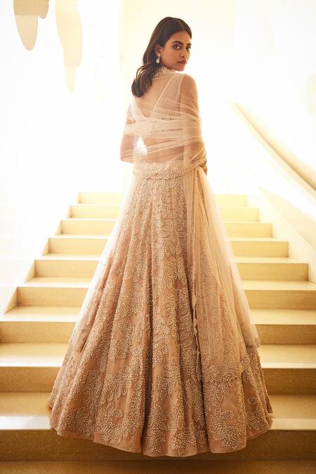 Shop Seema Gujral Beige Dupatta Floral Embellished Lehenga Set at Aza Fashions Shop_Seema Gujral_Beige Dupatta Floral Embellished Lehenga Set_at_Aza_Fashions