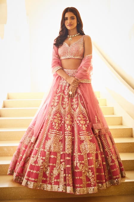 Seema Gujral Pink Net V Neck Embroidered Bridal Lehenga Set 