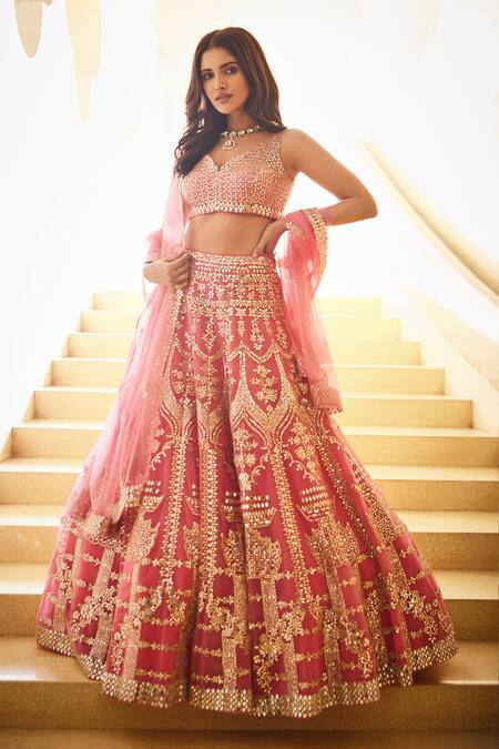 Seema Gujral_Pink Net V Neck Embroidered Bridal Lehenga Set _Online_at_Aza_Fashions