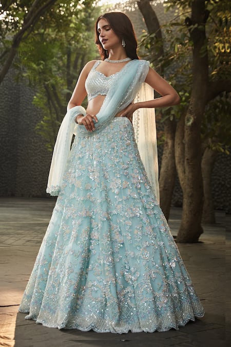 Megha & Jigar | Sky Blue Floral Lehenga Set | INDIASPOPUP.COM