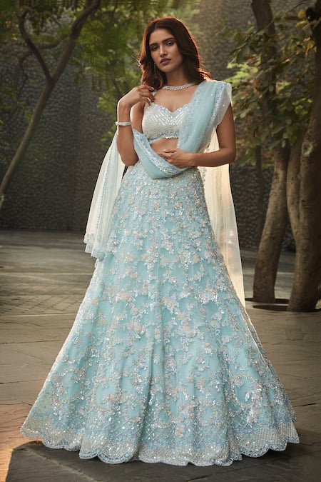 Shop_Seema Gujral_Blue Georgette Dupatta Soft Floral Embellished Bridal Lehenga Set _at_Aza_Fashions
