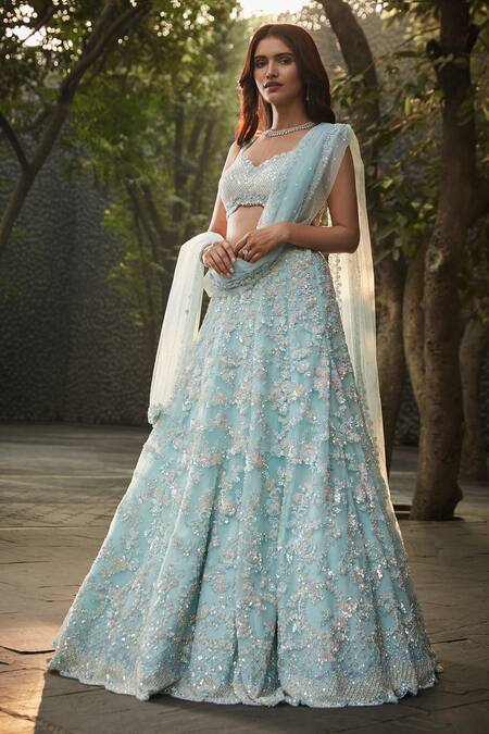 Seema Gujral_Blue Georgette Dupatta Soft Floral Embellished Bridal Lehenga Set _Online_at_Aza_Fashions