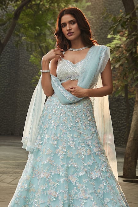 Buy_Seema Gujral_Blue Georgette Dupatta Soft Floral Embellished Bridal Lehenga Set _Online_at_Aza_Fashions