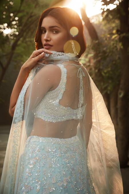 Seema Gujral_Blue Georgette Dupatta Soft Floral Embellished Bridal Lehenga Set _at_Aza_Fashions