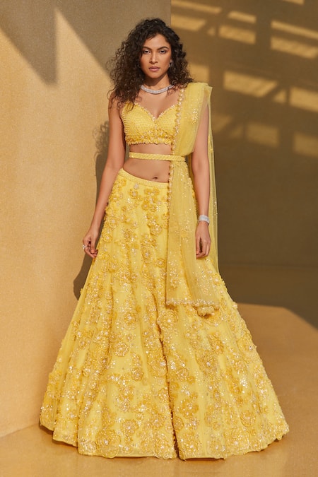 Seema Gujral Yellow Dupatta Floral Embellished Lehenga Set