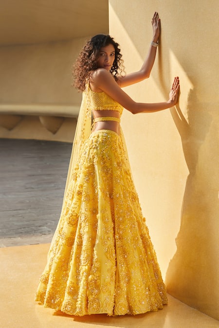 Shop_Seema Gujral_Yellow Dupatta Floral Embellished Lehenga Set_at_Aza_Fashions