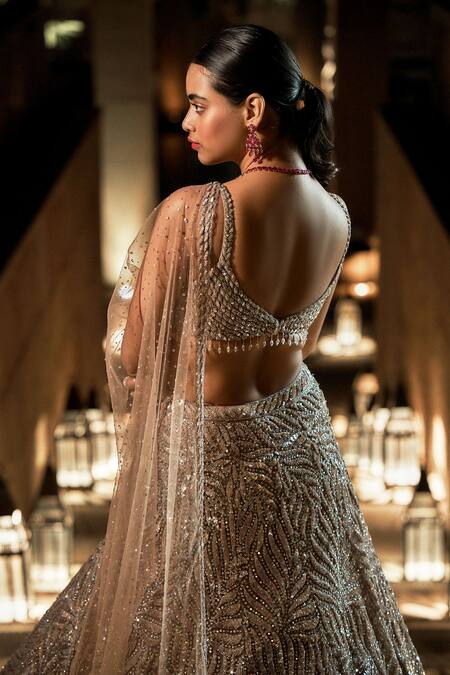 Shop Seema Gujral Brown Dupatta Net V Neck Embellished Bridal Lehenga Set at Aza Fashions Shop_Seema Gujral_Brown Dupatta Net V Neck Embellished Bridal Lehenga Set _at_Aza_Fashions