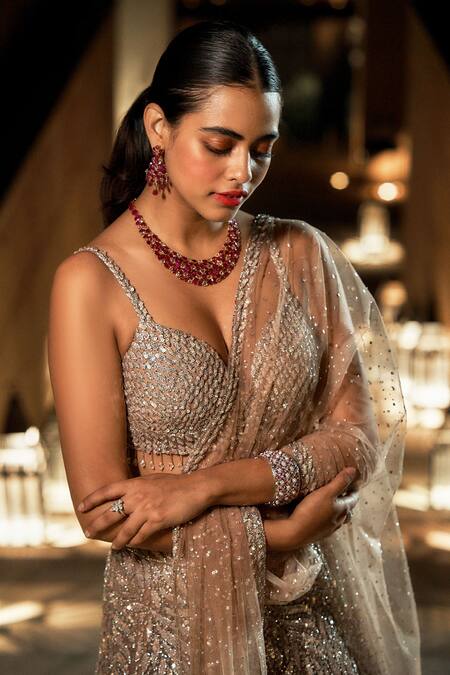 Shop Seema Gujral Brown Dupatta Net V Neck Embellished Bridal Lehenga Set Online at Aza Fashions Shop_Seema Gujral_Brown Dupatta Net V Neck Embellished Bridal Lehenga Set _Online_at_Aza_Fashions