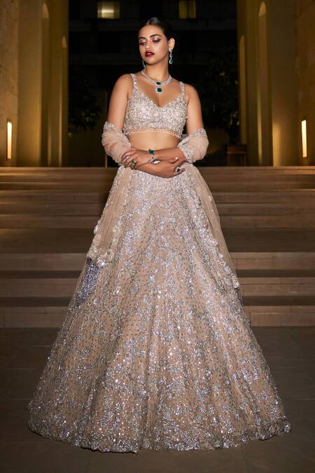 Seema Gujral_Beige Dupatta Net V Neck Embellished Bridal Lehenga Set_Online_at_Aza_Fashions