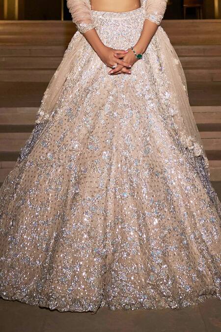 Shop_Seema Gujral_Beige Dupatta Net V Neck Embellished Bridal Lehenga Set_Online_at_Aza_Fashions