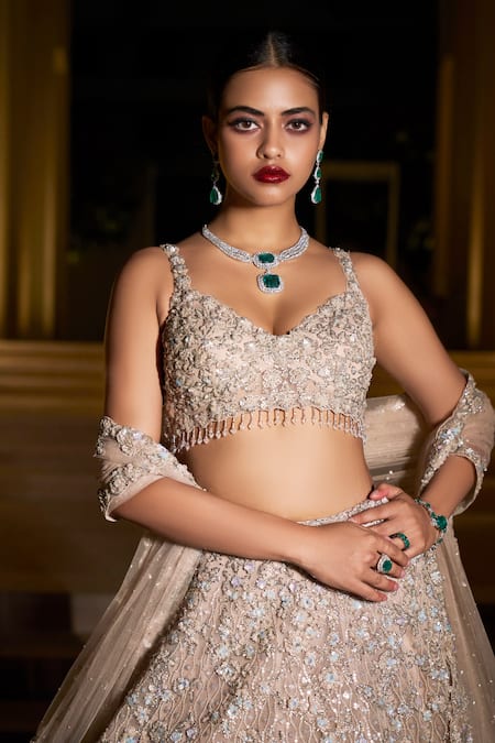 Seema Gujral_Beige Dupatta Net V Neck Embellished Bridal Lehenga Set_at_Aza_Fashions