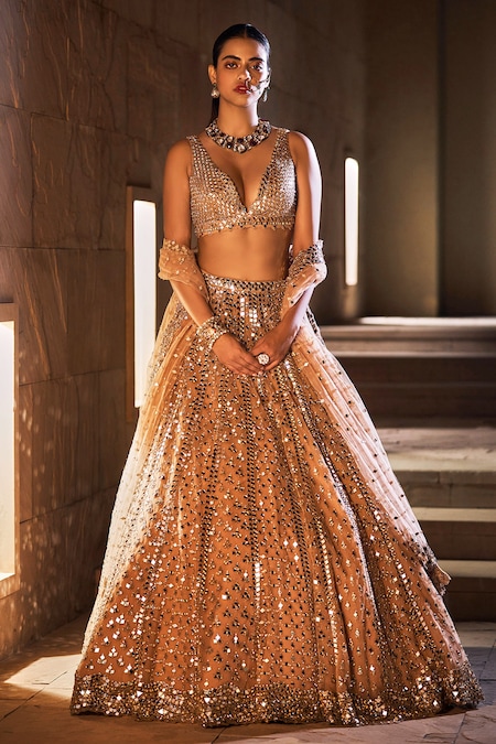 Seema Gujral Gold Net Embroidery V Neck Embellished Bridal Lehenga Set 