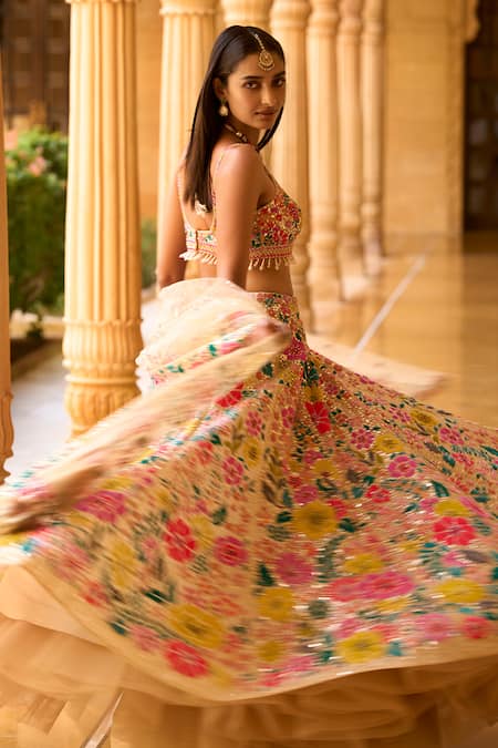 Seema Gujral_Multi Color Net Embroidery U Neck Bridal Lehenga Set  _Online_at_Aza_Fashions