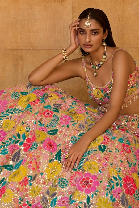 Shop_Seema Gujral_Multi Color Net Embroidery U Neck Bridal Lehenga Set  _Online_at_Aza_Fashions